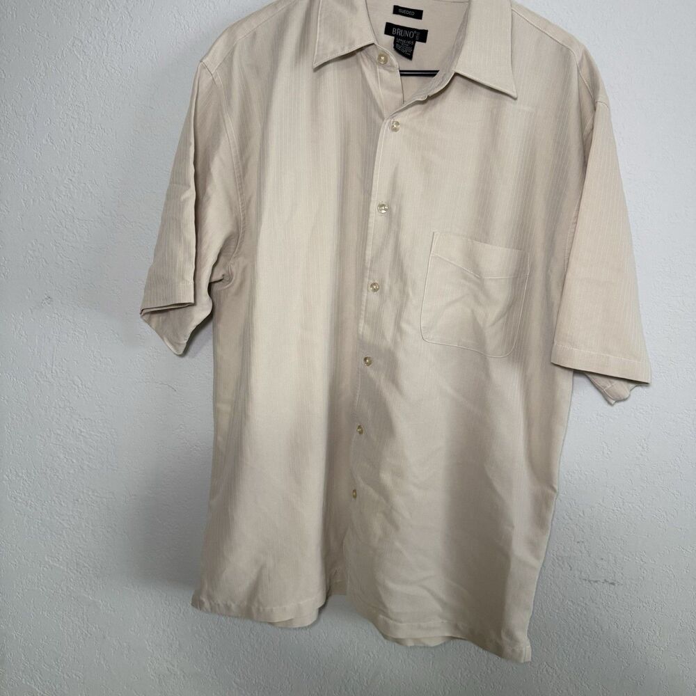 Bruno Men’s Large Sueded Finish Button Up Shirt Beige Stripe 25x29